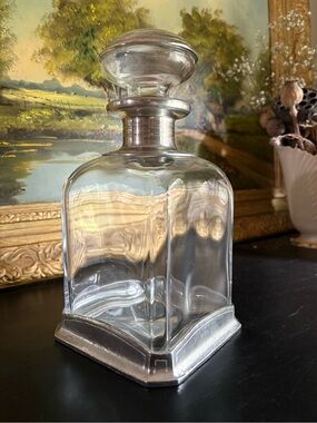 Italian Glass & Pewter Medium Geometric Decanter w/ Rounded Stopper Minimalist